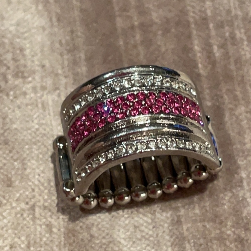 PINK & Silvertone Cigar Band Stretch Ring 7-9